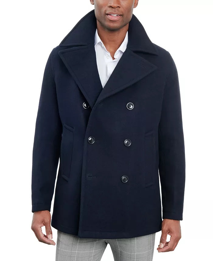 London Fog Men Double-Breasted Wool Blend Peacoat Coat 48 R Navy Blue