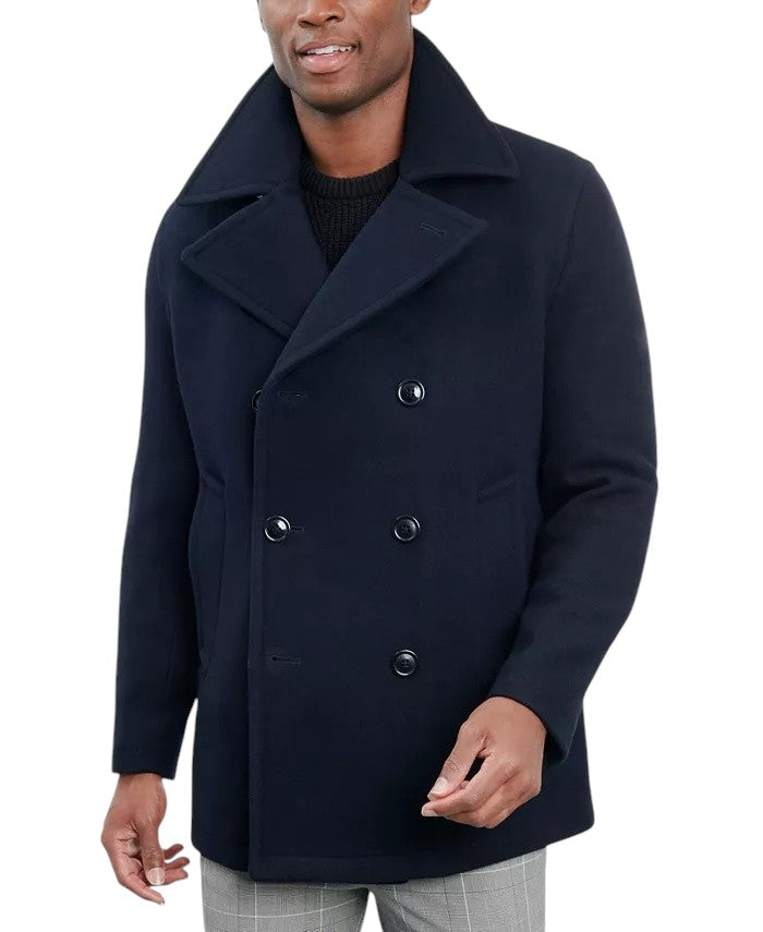 London Fog Men Double-Breasted Wool Blend Peacoat Coat 42 S Navy Blue