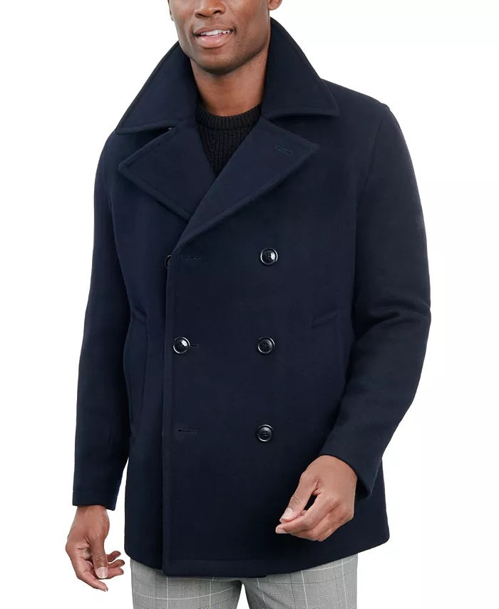 London Fog Men Double-Breasted Wool Blend Peacoat Coat 48 R Navy Blue