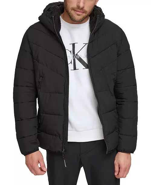 CALVIN KLEIN Men's Chevron Stretch Jacket With Sherpa Lined Hood Small Black