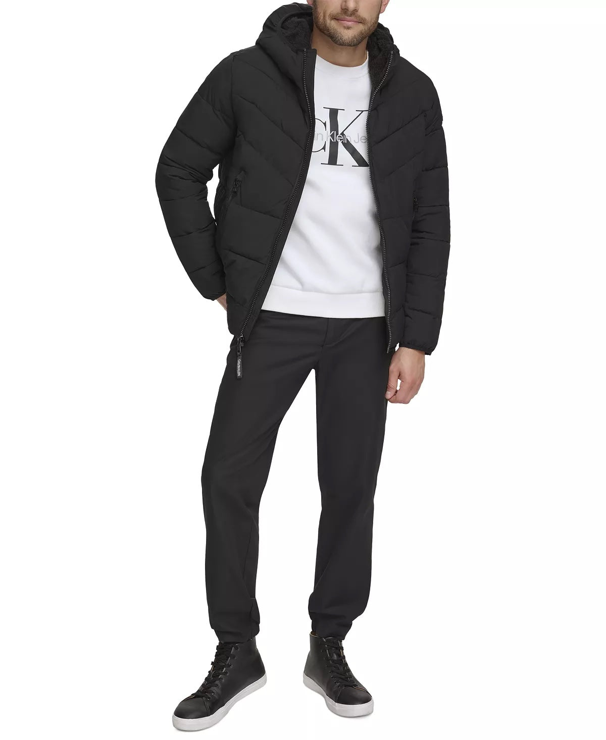 CALVIN KLEIN Men's Chevron Stretch Jacket With Sherpa Lined Hood Small Black