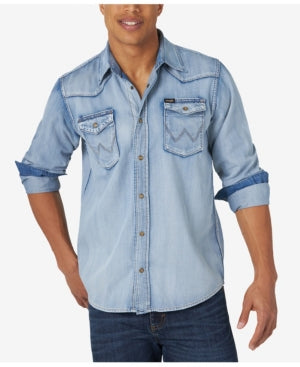 Wrangler Men's Long Sleeve Button Down Denim Shirt Blue Medium