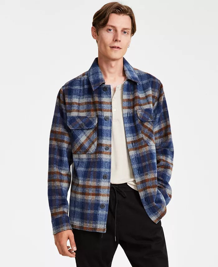 And Now This Men's Regular-Fit Plaid Flannel Shirt Jacket Medium Blue Brown