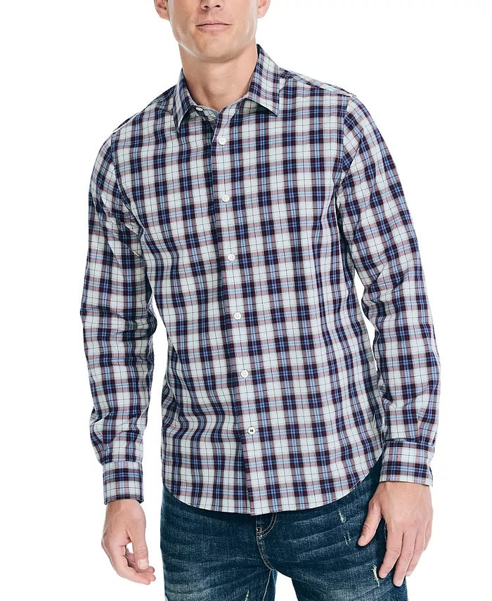 Nautica Men's Navtech Long Sleeve Plaid Trim Fit Button Shirt Medium Blue Red