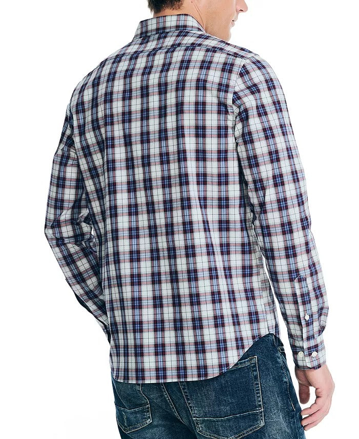 Nautica Men's Navtech Long Sleeve Plaid Trim Fit Button Shirt Medium Blue Red