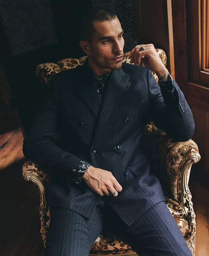 Tallia Mens Slim fit Double Breasted  Suit Jacket Blazer 48 R Blue Striped