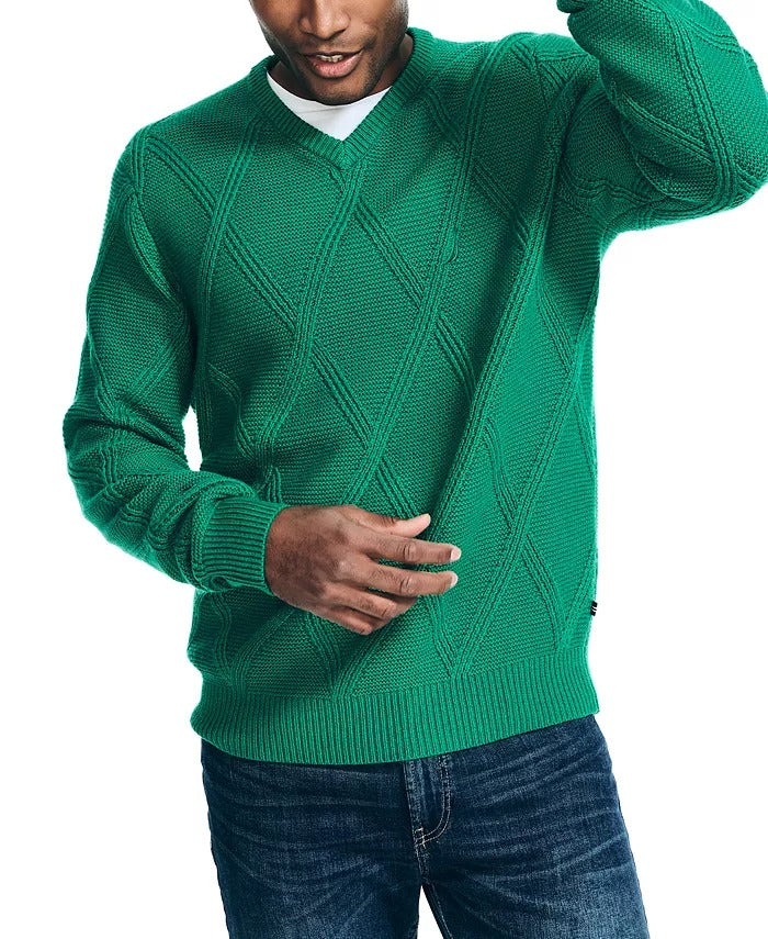 Nautica Mens Sustainably Crafted Textured V Neck Sweater Green Medium