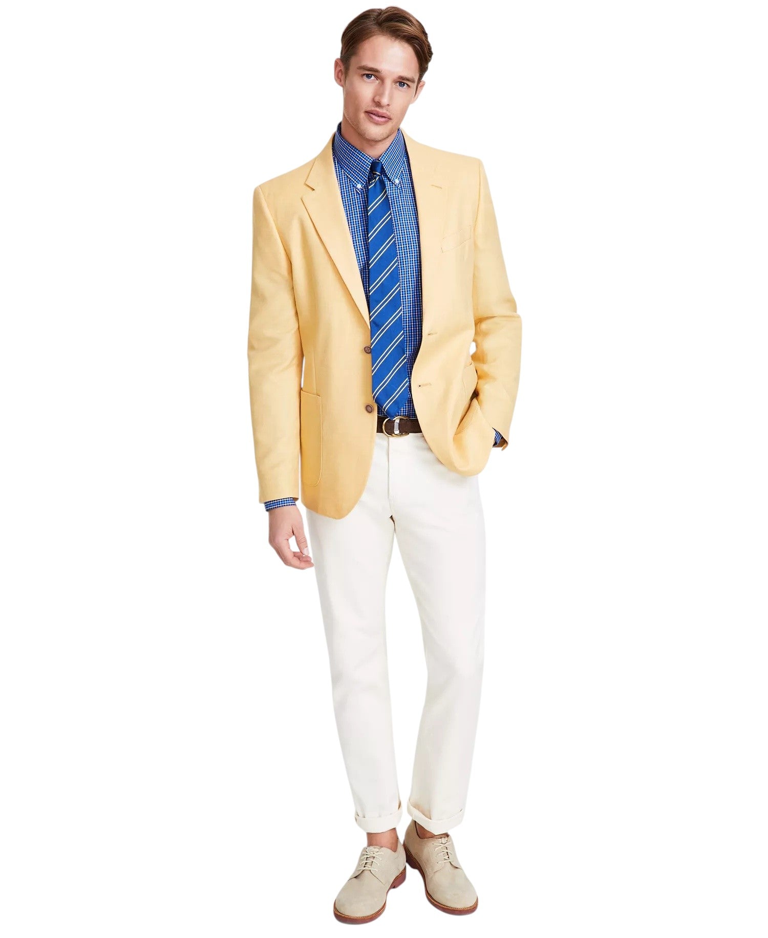 Nautica Mens Modern fit  Linen Sport Coat Blazer 42 L Yellow Solid Stretch