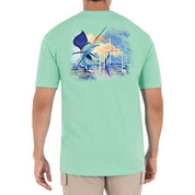 Guy Harvey Mens Sunset Sailfish Logo Short Sleeve T Shirt Beach Glass Blue XL