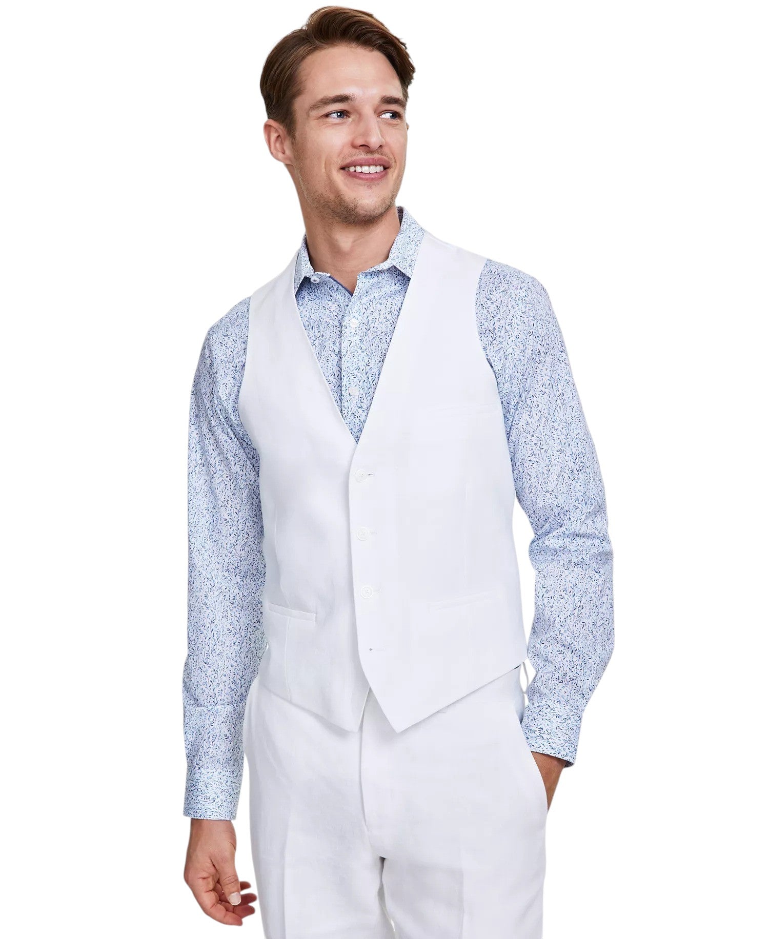 Bar III Mens Slim fit Button-Up Suit Vest Small White Linen