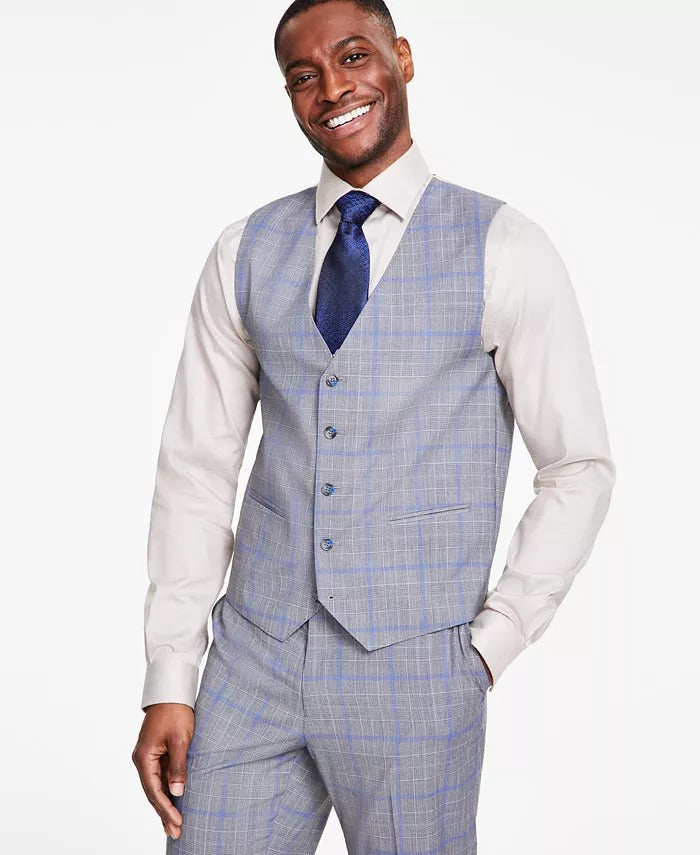 Tayion Collection Mens Slim fit Button-Up Suit Vest Large Grey / Blue