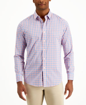 Club Room Mens Drew Knit Plaid Button-Down Shirt Small Orange Blue
