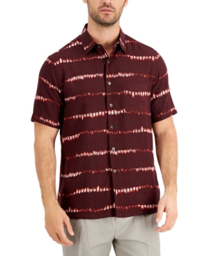 Tasso Elba Mens Short Sleeve Button Down Shirt Maroon Shibori Red Small