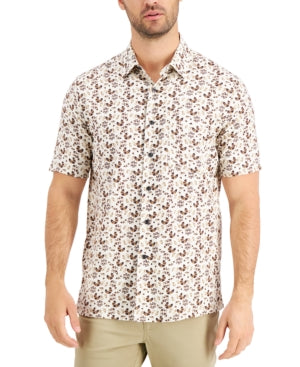 Tasso Elba Men's Cellula Tile Short Sleeve Button Down Shirt Khaki Beige Large