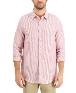 Tasso Elba Mens Linen Stripe Button Down Shirt Red XL