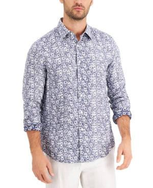 Tasso Elba Men's Afara Flora Linen Button Donw Shirt Navy Blue Combo Large