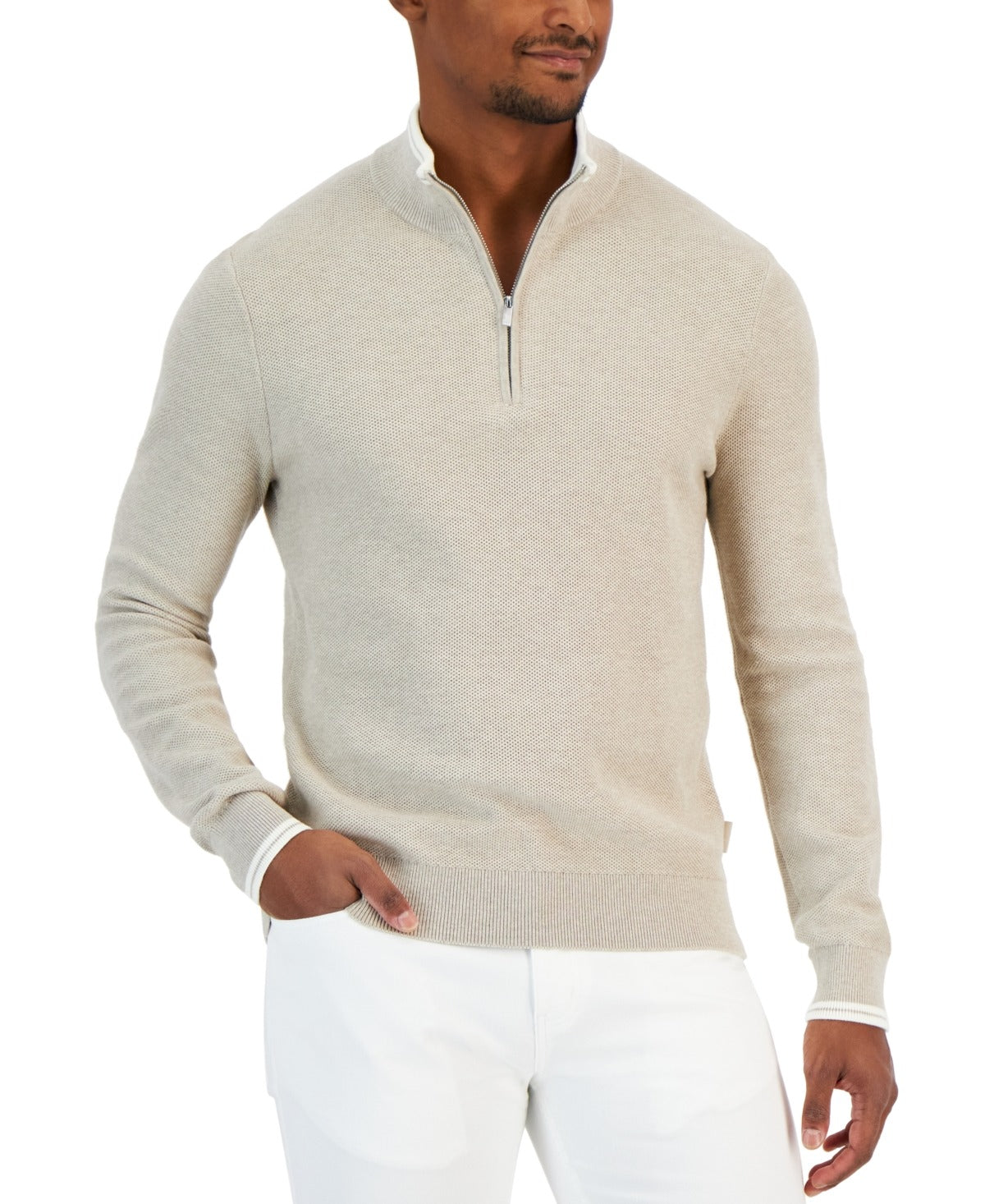 Michael Kors Mens Textured Quarter-Zip Sweater Oatmeal Melange 3XL XXXL Cotton