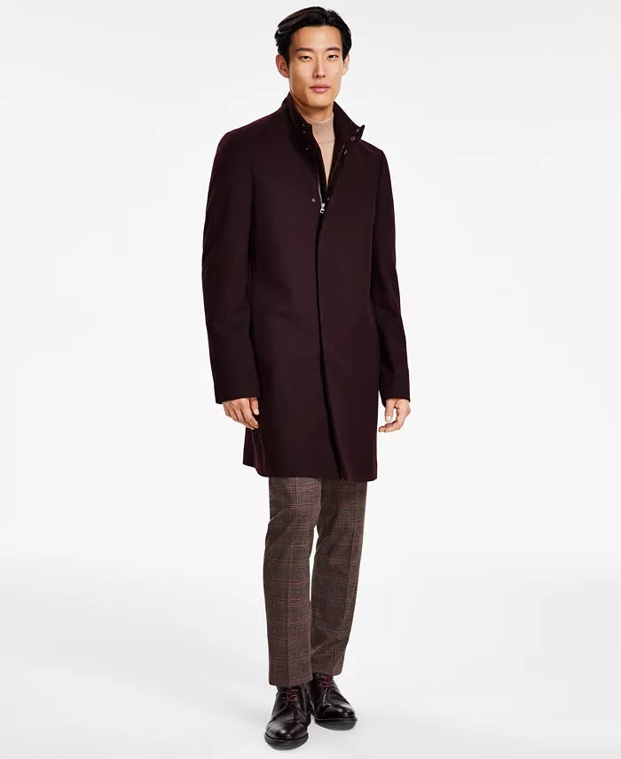 Calvin Klein Mens Mayden Slim-Fit Wool Blend Overcoat Coat 44 R Maroon Red Wool