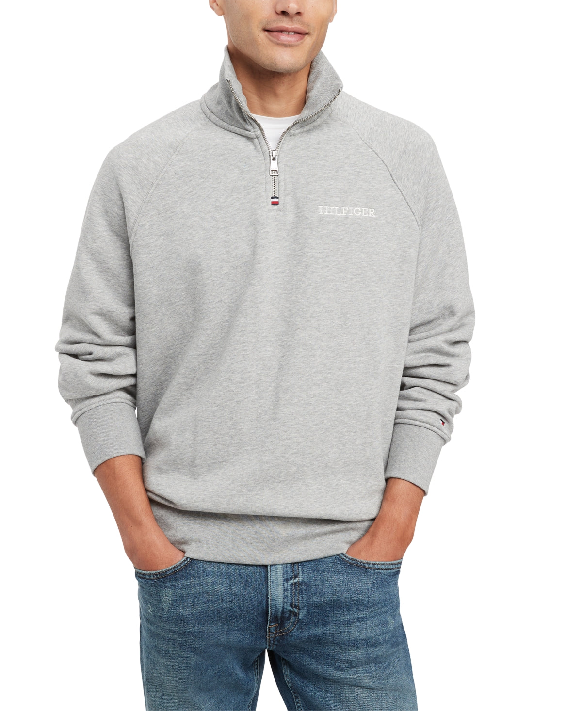 Tommy Hilfiger Mens Quarter Zip Long Sleeve Sweatshirt Light Grey Medium