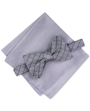 Alfani Mens Regular fit Bow Tie Necktie Pocket Square Set One Size Grey Argyle