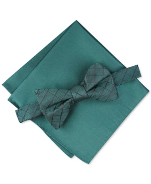 Alfani Mens Grid Pre-Tied Bow Tie Solid Pocket Square Set Green