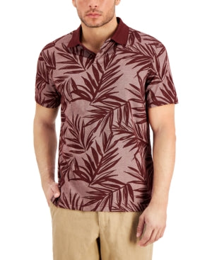 Tasso Elba Mens Darco Leaf Printed Polo Shirt Maroon Red Combo Medium