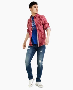 Sun + Stone Men's Alec Regular Fit Feather Print Button Down Shirt Red Small