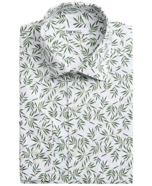 Bar III Mens Slim Fit Leaf Print Button Down Shirt Green White Small 14 14.5