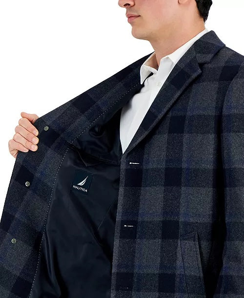 Nautica Men's Classic-Fit Camber Wool Overcoat Coat 38 R Grey Blue Glenn Plaid