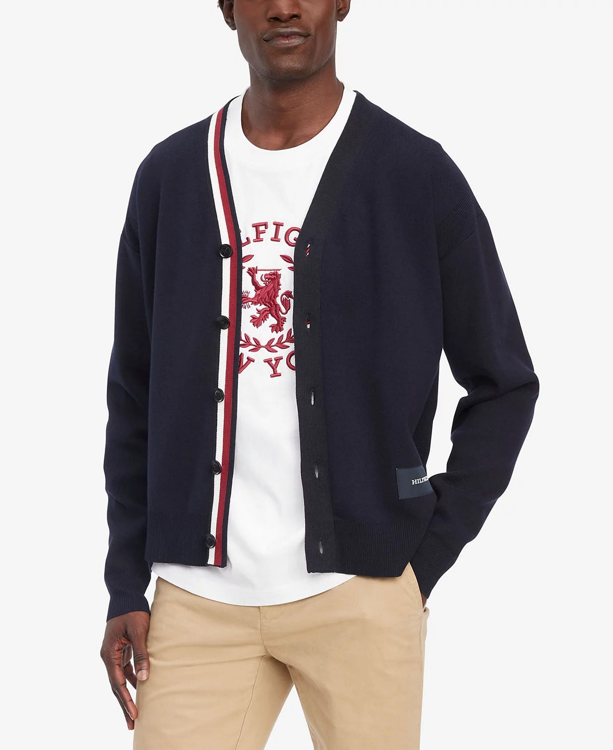 Tommy Hilfiger Men's Oversized-Fit Signature Stripe Cardigan Sweater Medium Navy