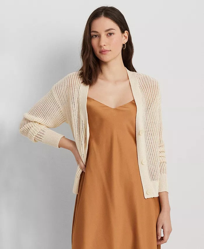 Lauren Ralph Lauren Women's Linen-Blend Rib-Knit Cropped Cardigan Sweater Small