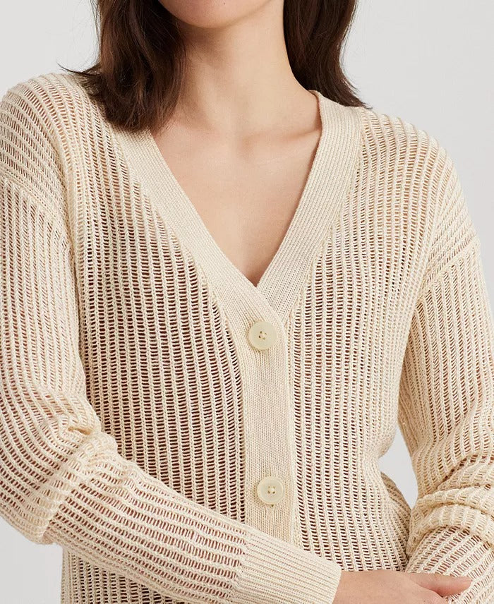 Lauren Ralph Lauren Women's Linen-Blend Rib-Knit Cropped Cardigan Sweater Small