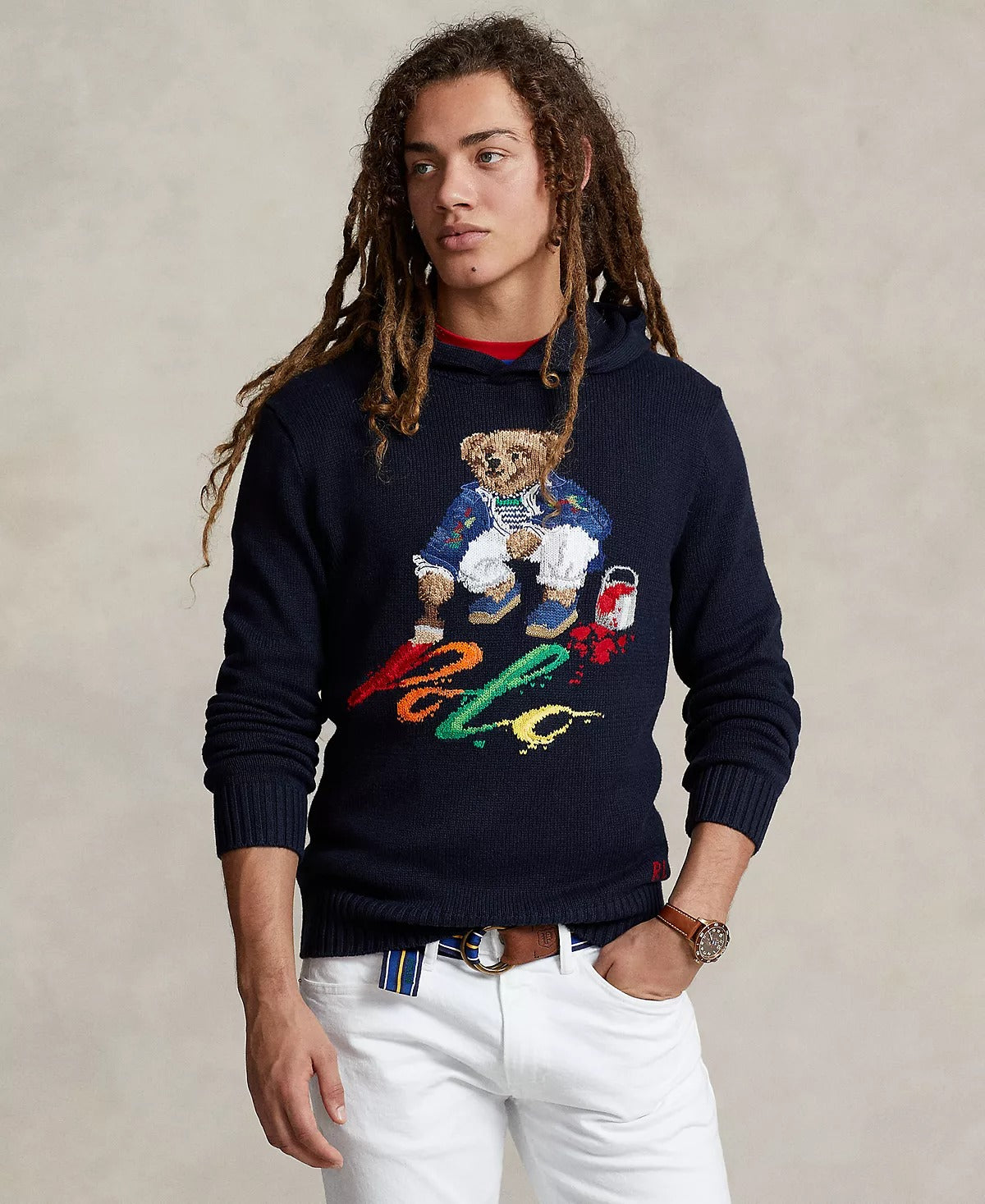 Polo Ralph Lauren Men's Bear Paint Graphic Fleece Sweatshirt Hoodie Blue XL