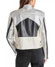 Steve Madden Women's Helayna Faux-Leather Moto Jacket Size XS Silver Grey