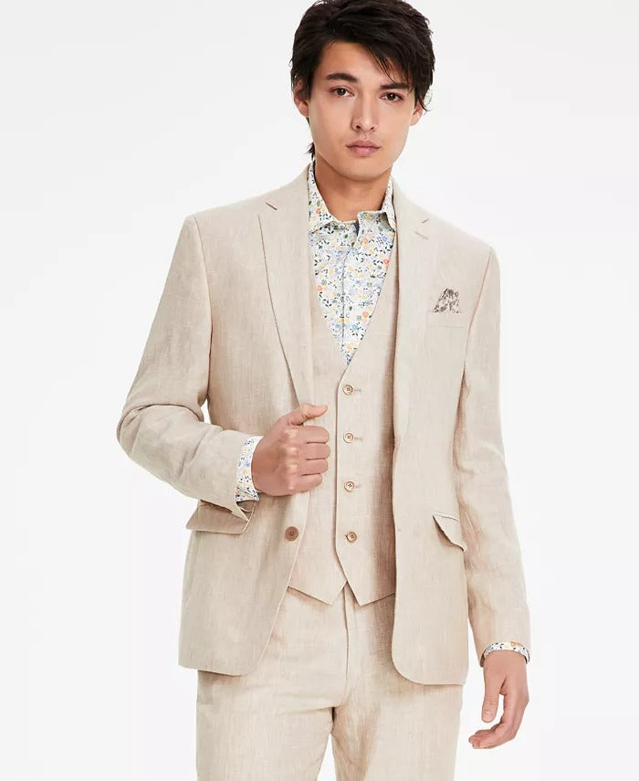 Bar III Mens Slim fit Linen Sport Coat Blazer 40 L Tan Beige Solid