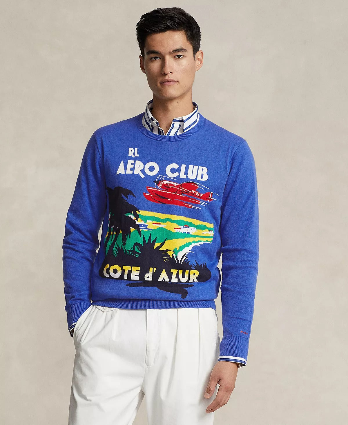 Polo Ralph Lauren Men's Cotton Graphic Crewneck Sweater Medium Blue Aero Club