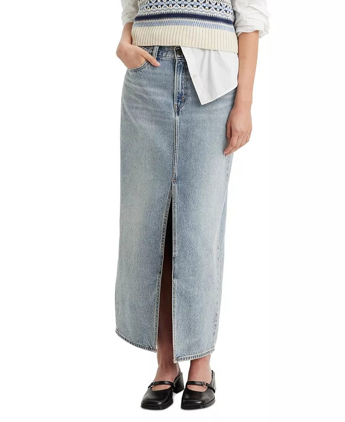 Levi's Women's Cotton Denim Front-Slit Ankle Column Skirt Size 25 Waist Blue