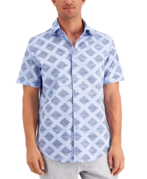 Tasso Elba Mens Diamond Stripe Short Sleeve Button Down Shirt Blue Combo XL