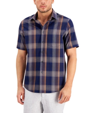 Tasso Elba Mens Short Sleeve Button Down Shirt Navy Blue Ombre Large