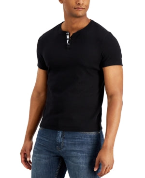 Alfani Mens Mesh Henley Short Sleeve T Shirt Deep Black Small