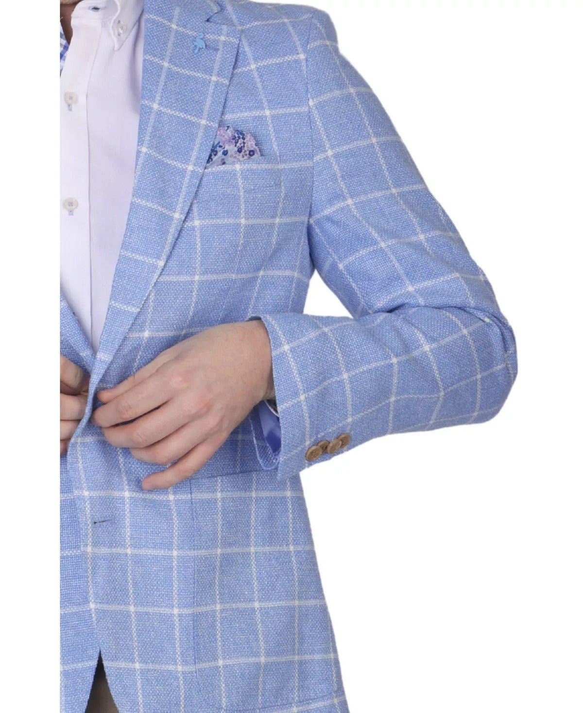 TAILORBYRD Mens Yarn Dye Linen Windowpane Sport Coat 40L Light Blue