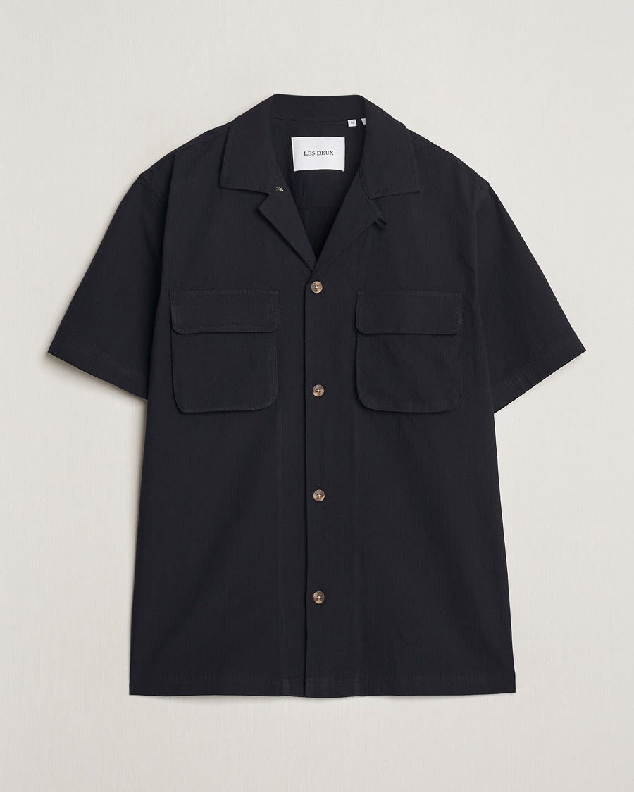 LES DEUX Mens Osmund Seersucker Short Sleeve Button Shirt Black XL Black
