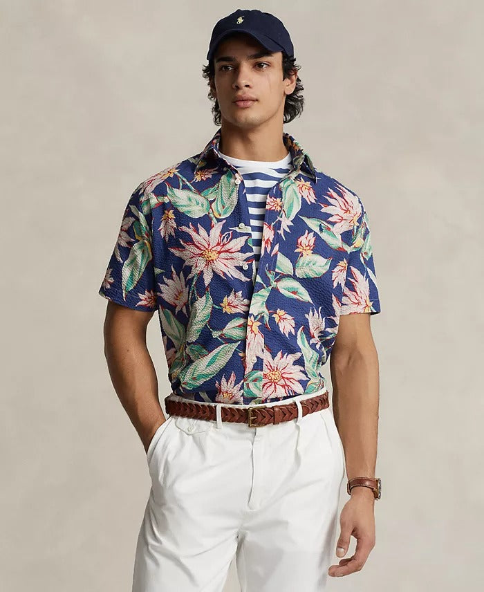 Polo Ralph Lauren Men's Classic-Fit Floral Seersucker Shirt XS Blue Hawaiian