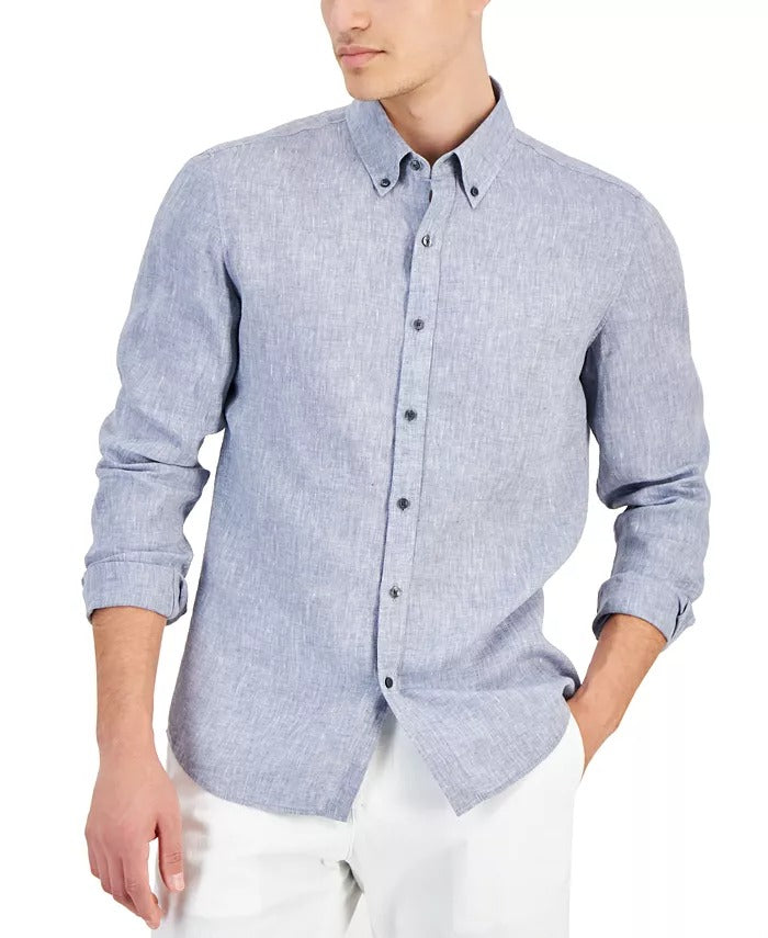 MICHAEL KORS Men's Slim Fit Long Sleeve Button-Down Linen Shirt XXL Blue