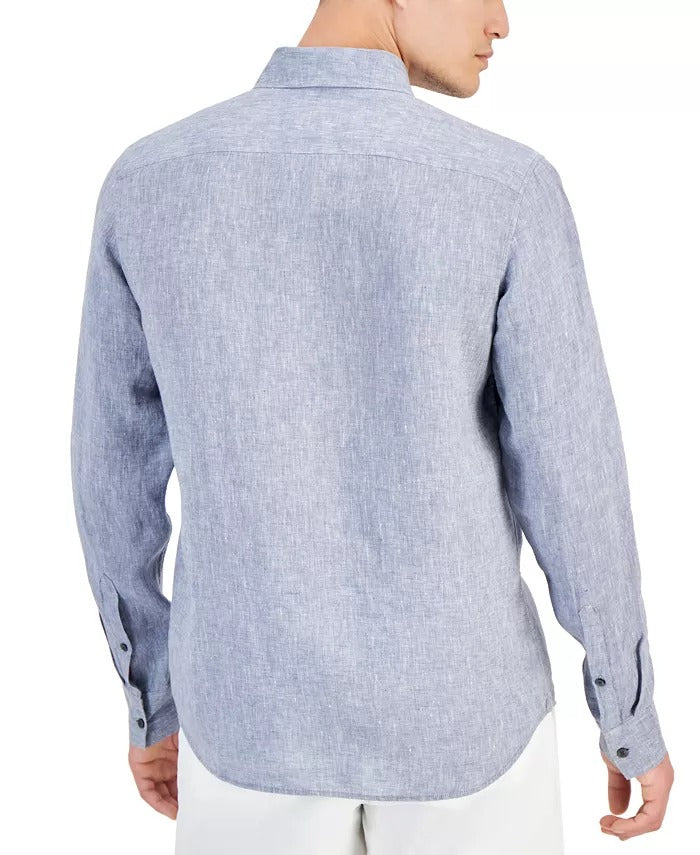 MICHAEL KORS Men's Slim Fit Long Sleeve Button-Down Linen Shirt XXL Blue