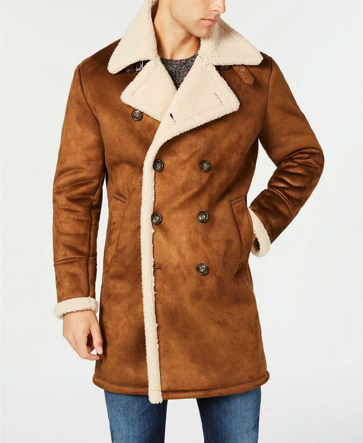 GUESS Mens Double Breasted Faux Shearling Overcoat Brown Medium