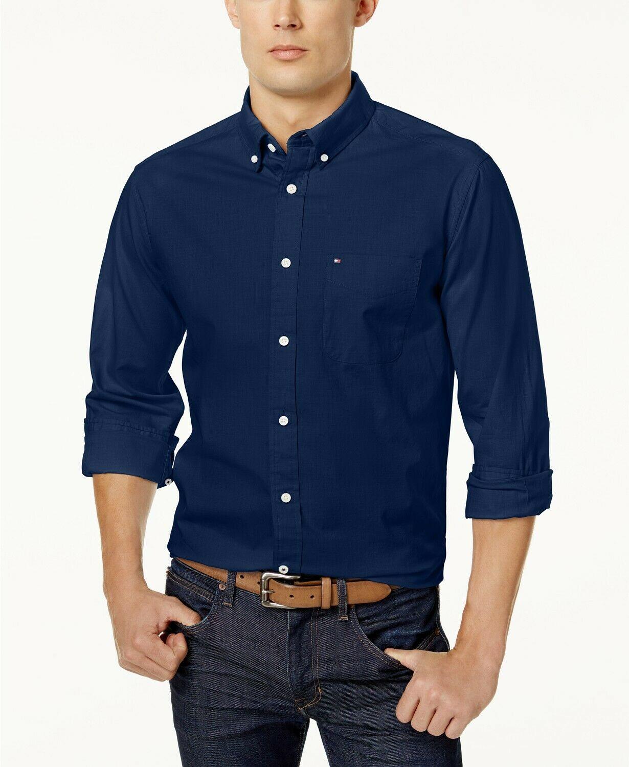 Tommy Hilfiger Mens New England Oxford Button Down Shirt Blue Medium