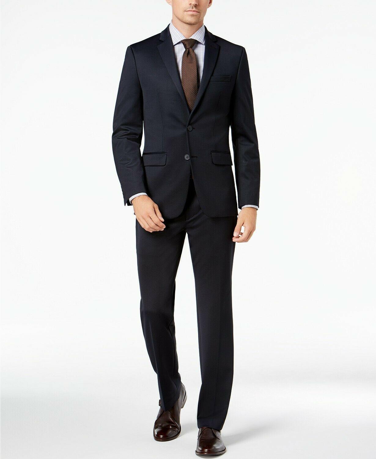 Van Heusen Mens Classic fit 2 Piece Suit 40 R / 33 Waist Navy Blue Solid Stretch