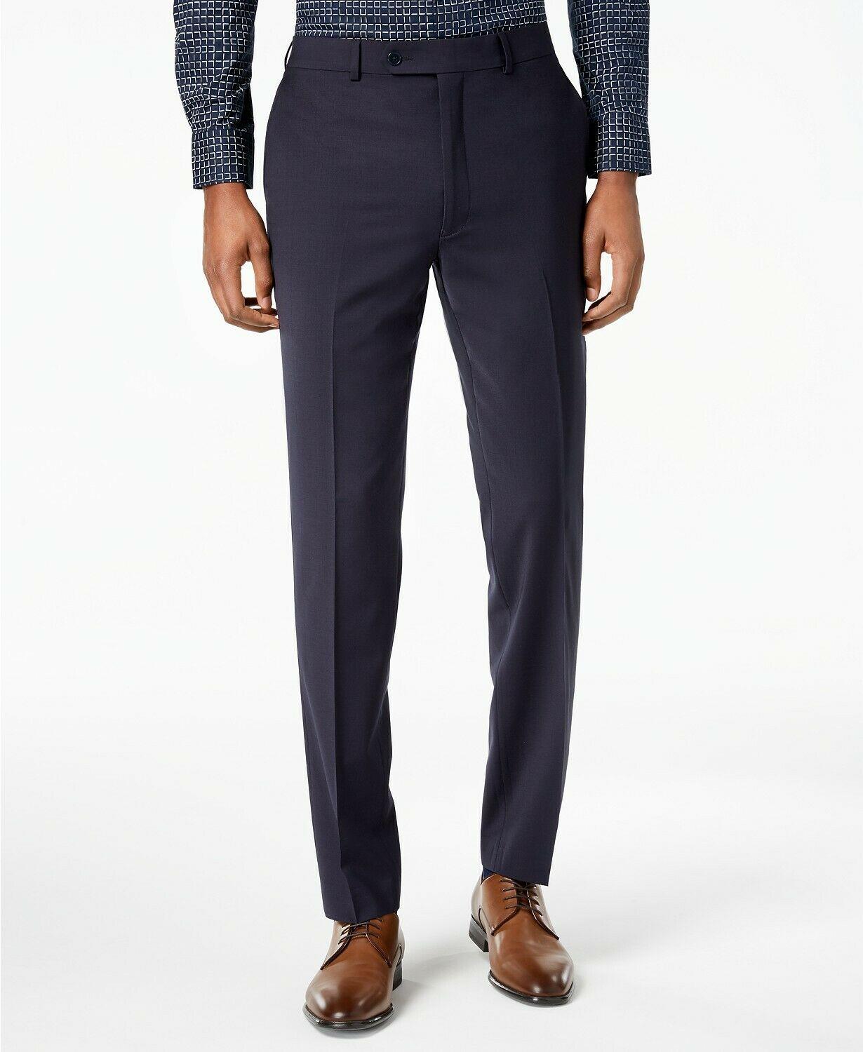 Calvin Klein Mens Skinny fit Dress Pants 33 / 30 Navy Blue Solid Stretch Wool