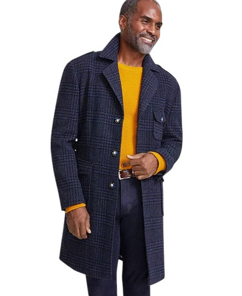 Tayion Collection Men's Classic-Fit Plaid Overcoat Coat 40 R Black Navy Blue